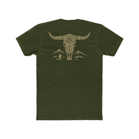 Military Green t-shirt with graphic of a aztec pattern in the shape of a bull skull, mountains, and a lone cactus #militarygreen
