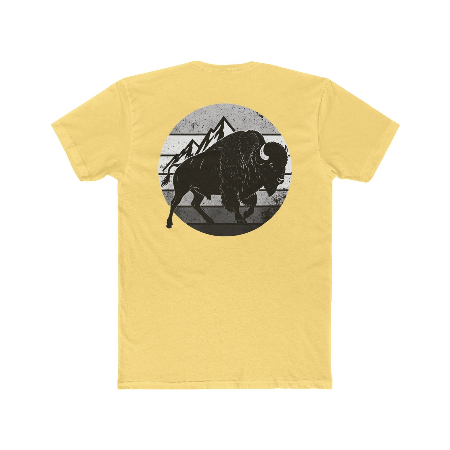Yellow t-shirt with a black and gray graphic of a bison and mountains #yellow