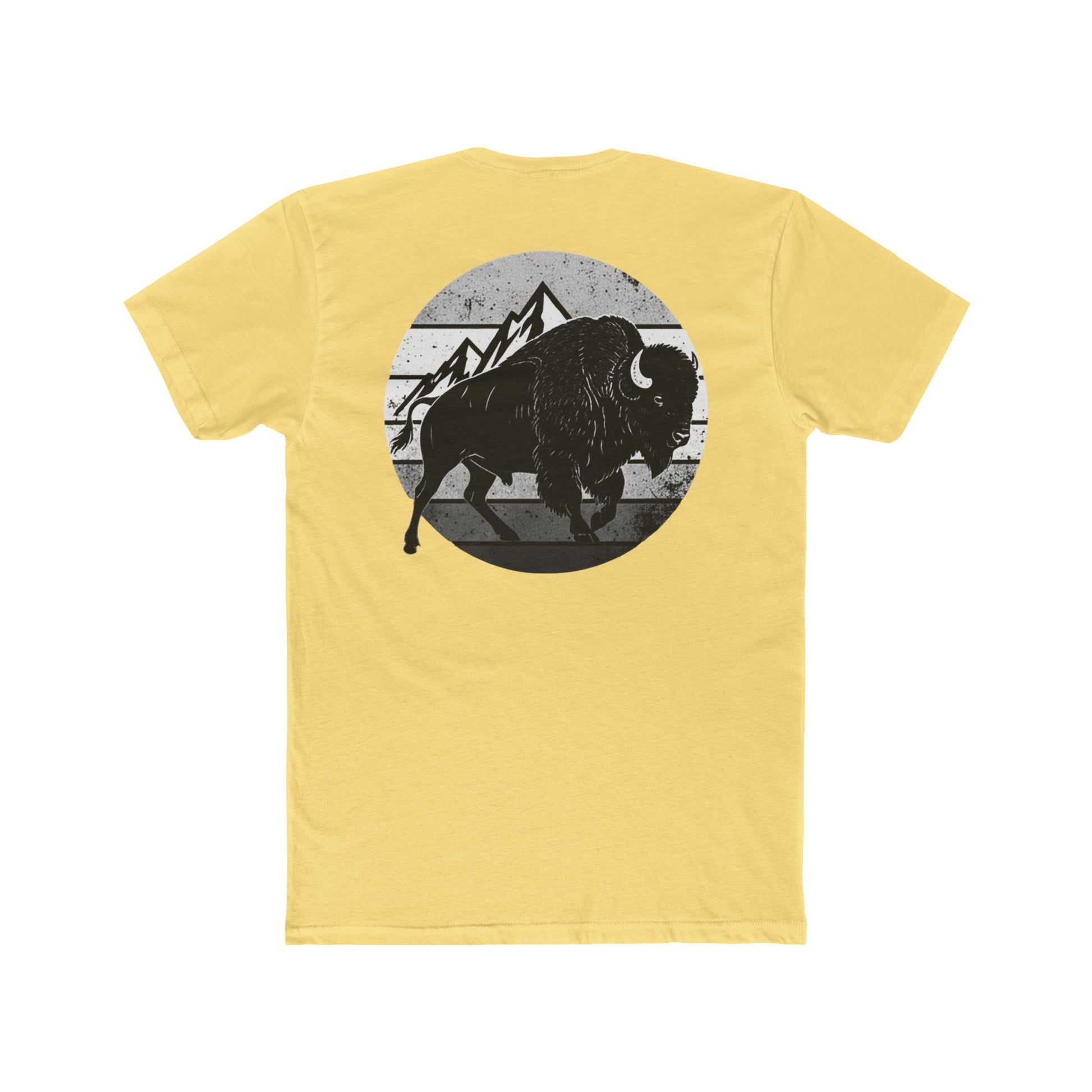 Yellow t-shirt with a black and gray graphic of a bison and mountains #yellow