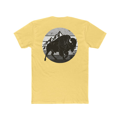 Yellow t-shirt with a black and gray graphic of a bison and mountains #yellow