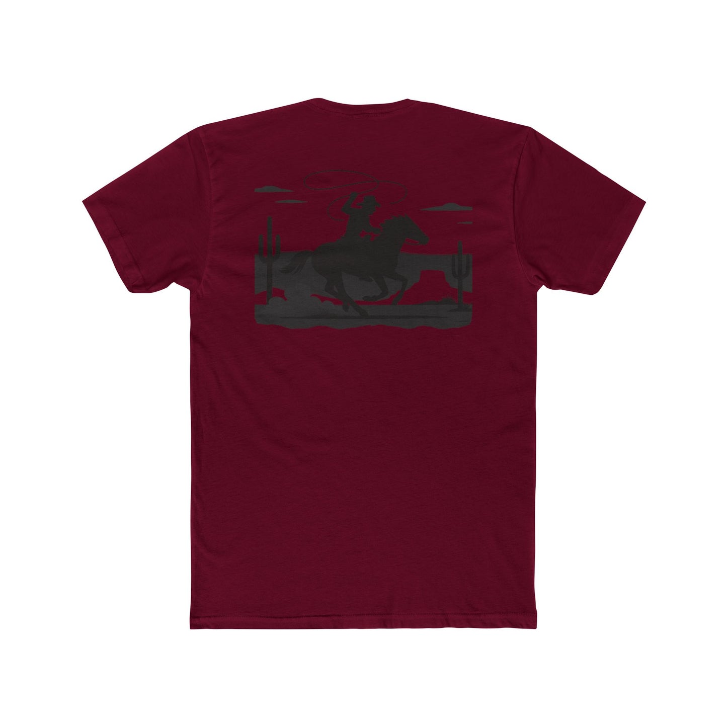Cardinal Red t-shirt with horse and rider swirling a lasso on desert landscape graphic #cardinalred
