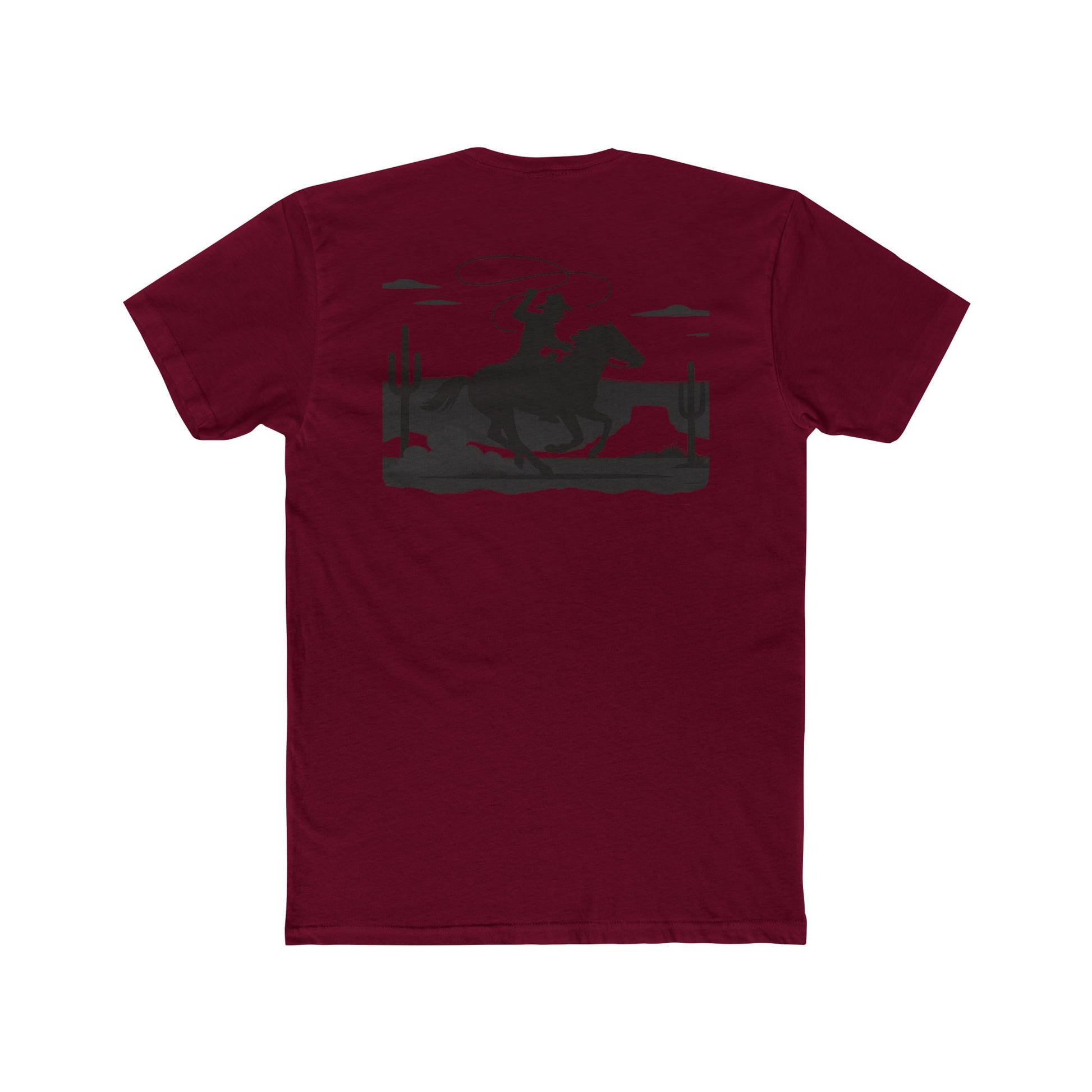 Cardinal Red t-shirt with horse and rider swirling a lasso on desert landscape graphic #cardinalred