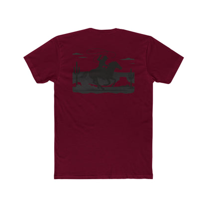 Cardinal Red t-shirt with horse and rider swirling a lasso on desert landscape graphic #cardinalred