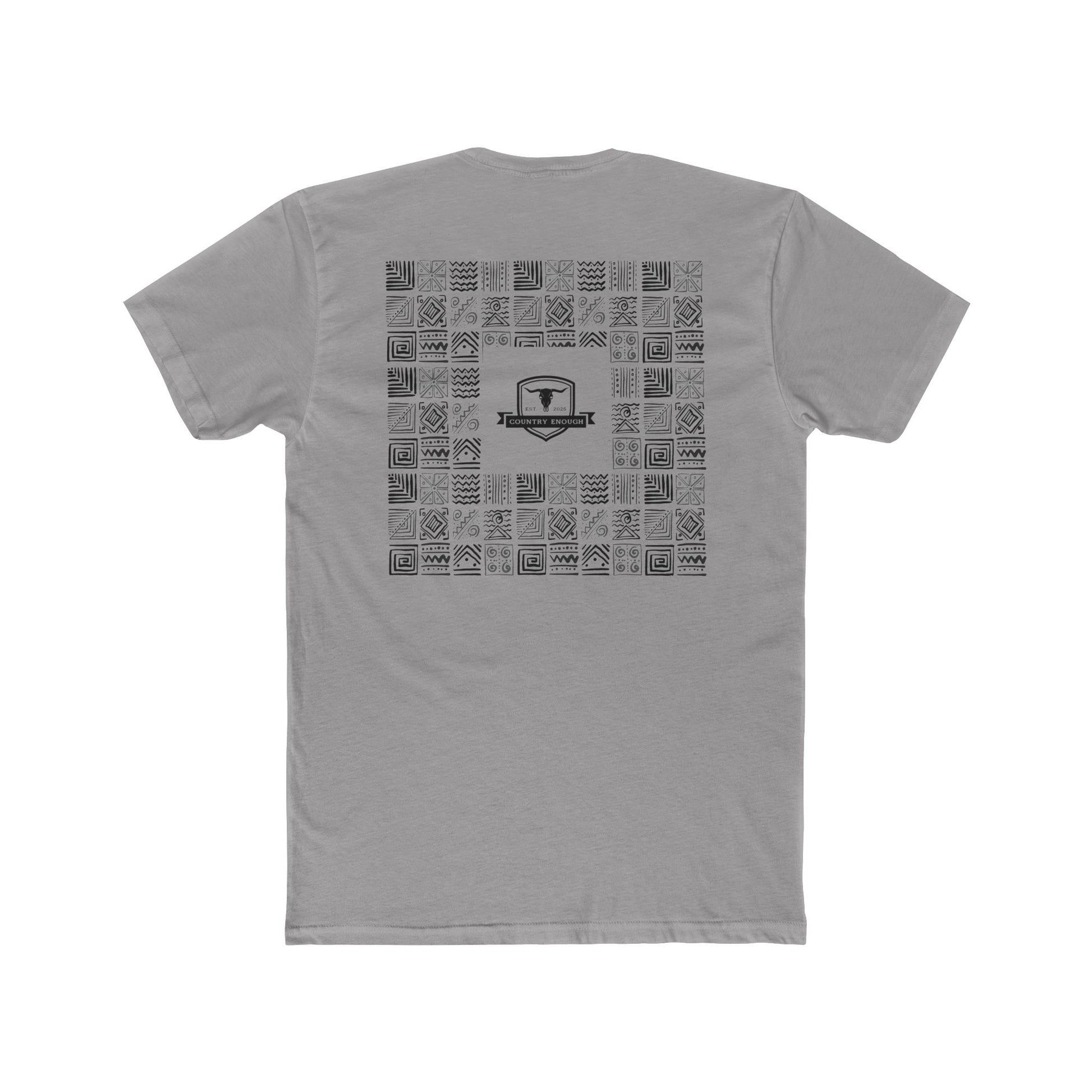 Gray t-shirt with graphic of aztec patterns arranged in a square with country enough logo in the center #gray