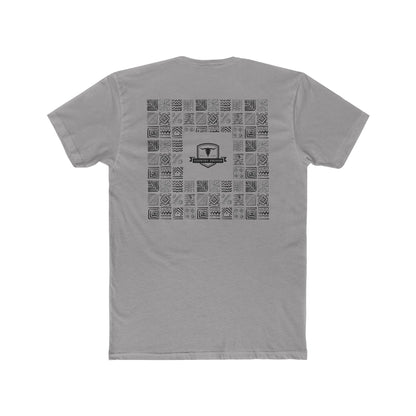 Gray t-shirt with graphic of aztec patterns arranged in a square with country enough logo in the center #gray