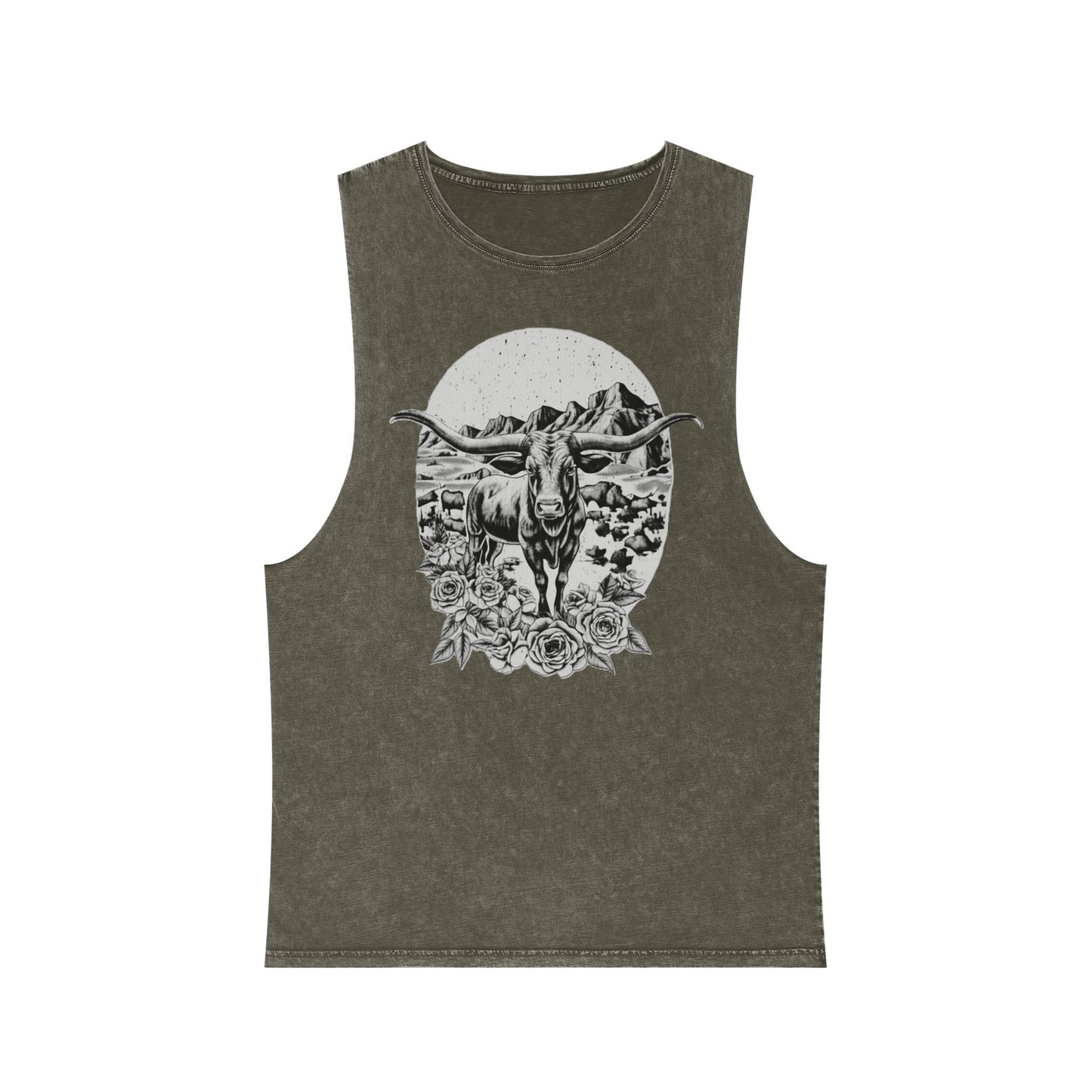 Moss Stone distressed wash tank top with a longhorn, desert mountains, and roses graphic #mossstone
