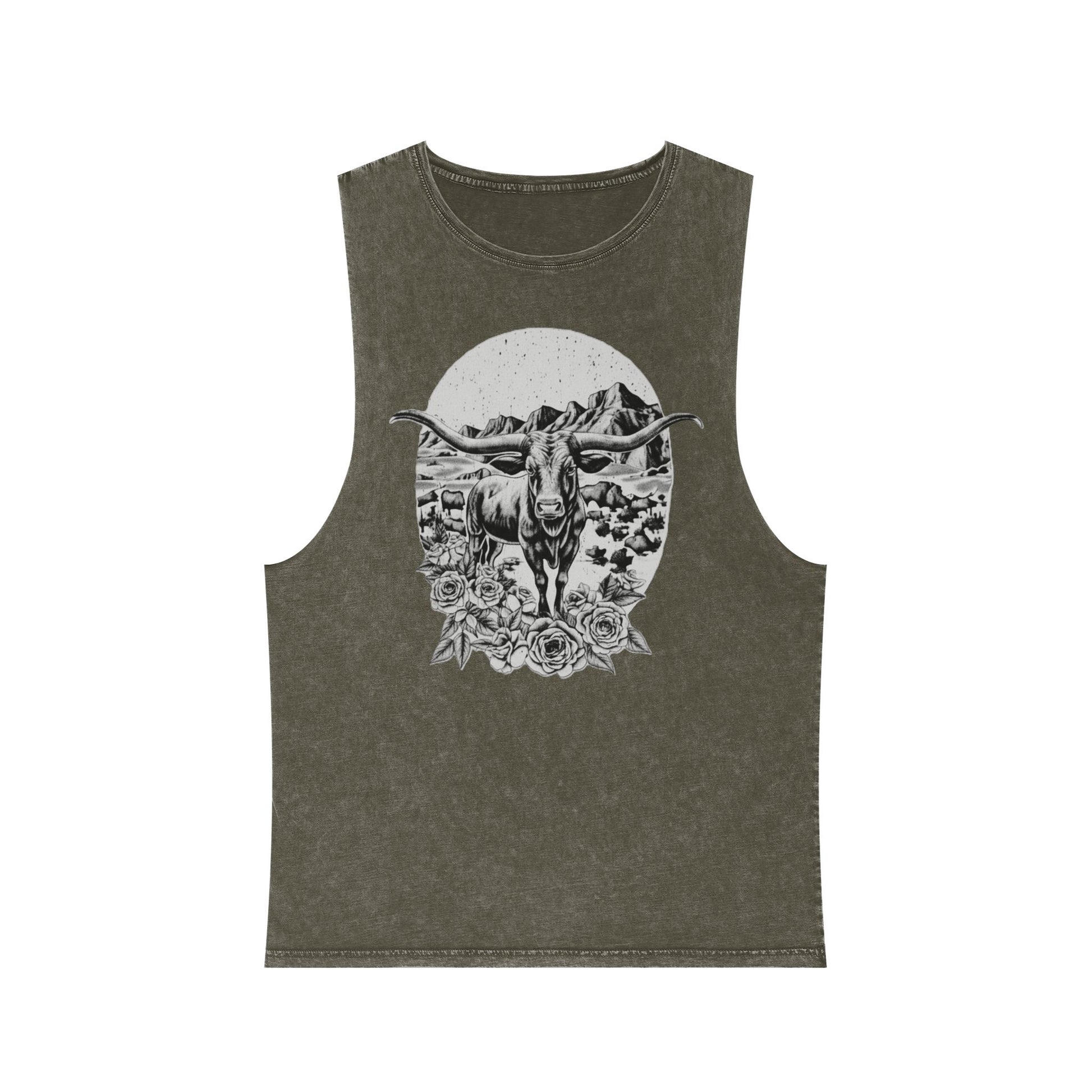 Moss Stone distressed wash tank top with a longhorn, desert mountains, and roses graphic #mossstone