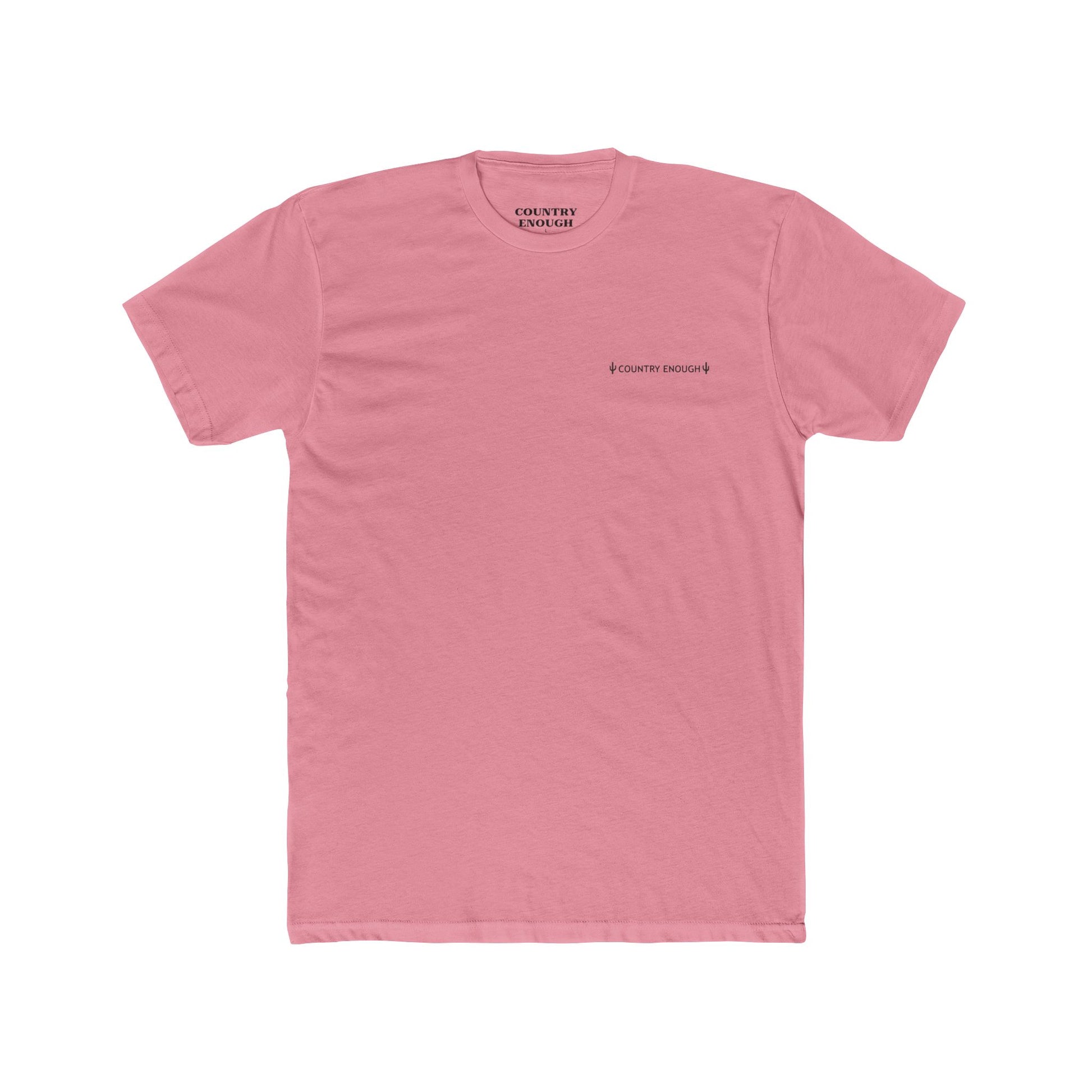 Pink t-shirt with graphic of a line mountain drawing, cacti and the words Country Enough #pink