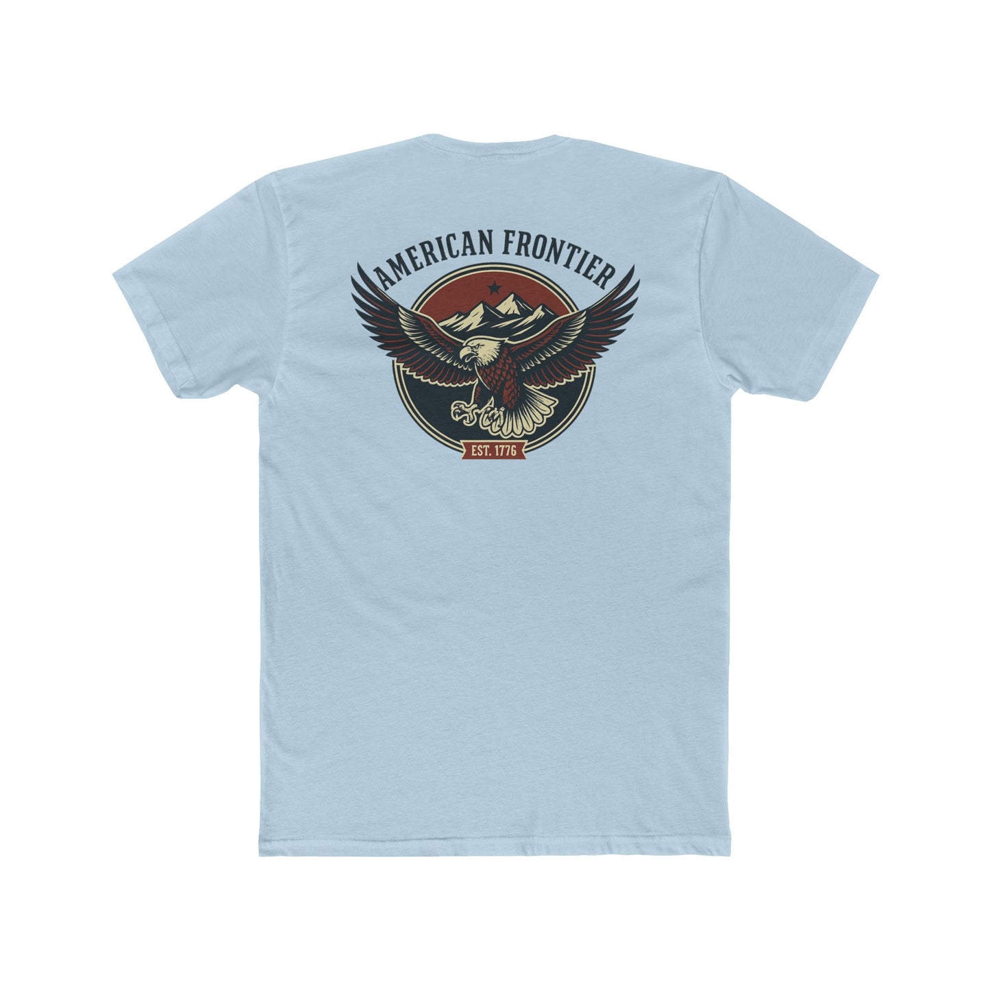 Light Blue t-shirt featuring graphic of an eagle, mountains, and the words American Frontier Est 1776 #lightblue