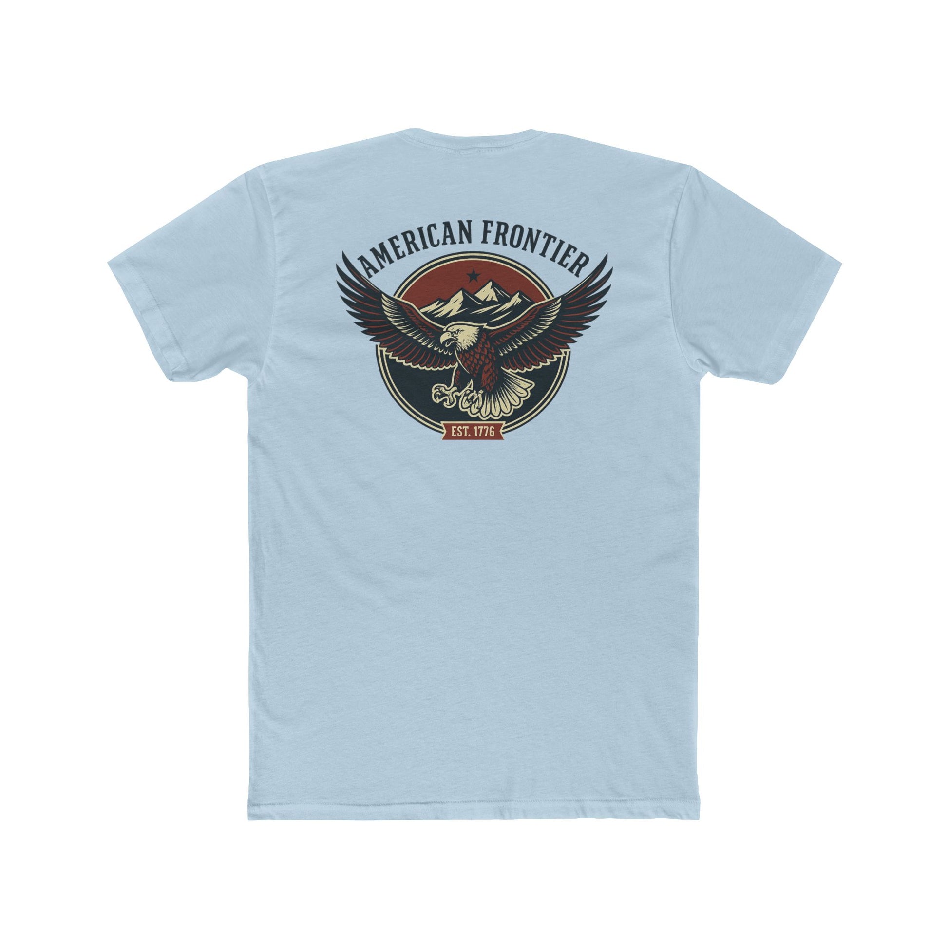 Light Blue t-shirt featuring graphic of an eagle, mountains, and the words American Frontier Est 1776 #lightblue