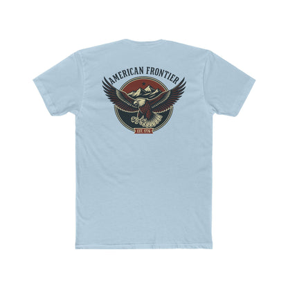 Light Blue t-shirt featuring graphic of an eagle, mountains, and the words American Frontier Est 1776 #lightblue