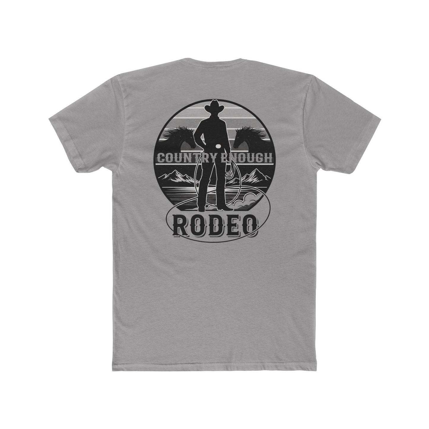 Gray t-shirt with words country enough and rodeo, a cowboy silhouette, horses, lasso and mountains #gray