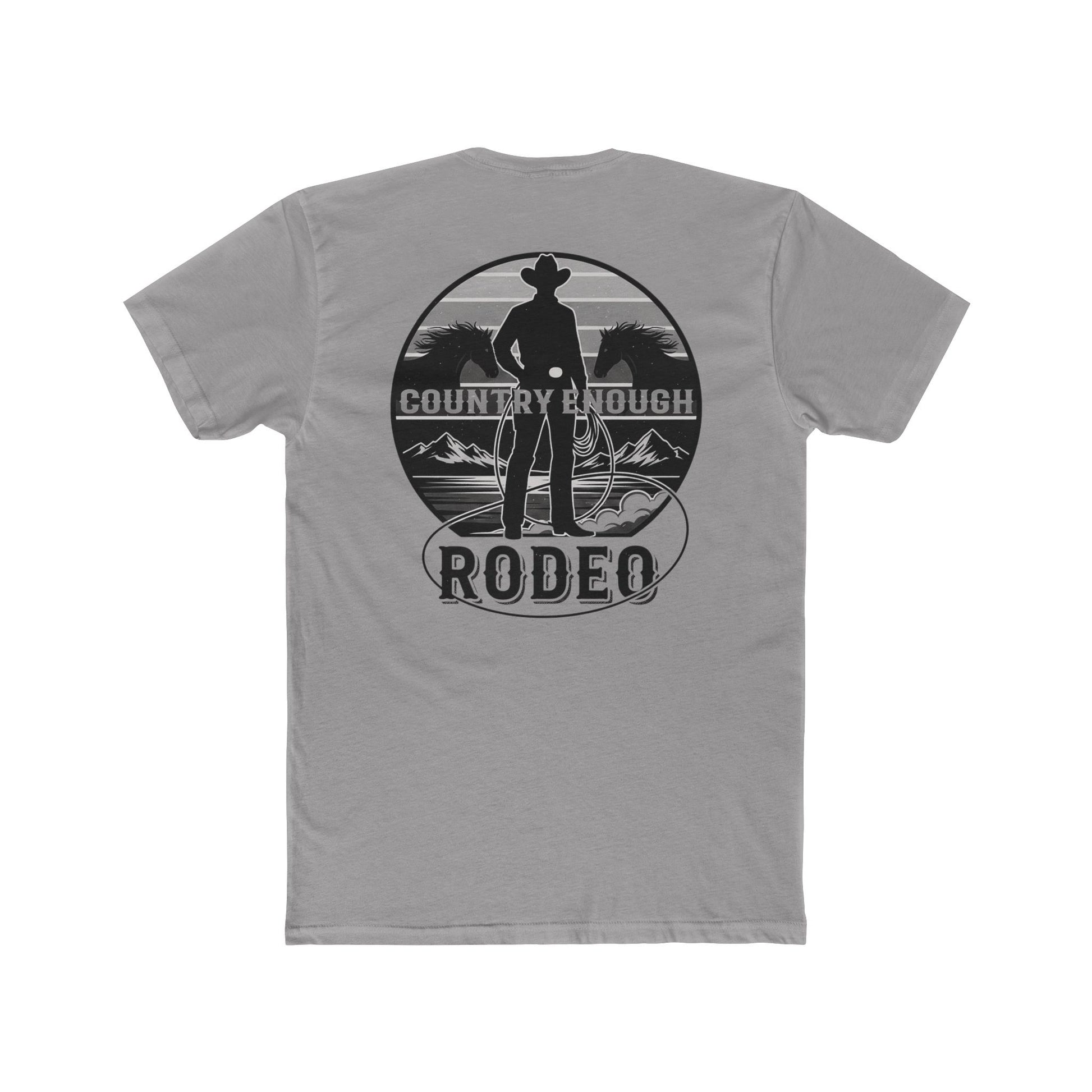 Gray t-shirt with words country enough and rodeo, a cowboy silhouette, horses, lasso and mountains #gray