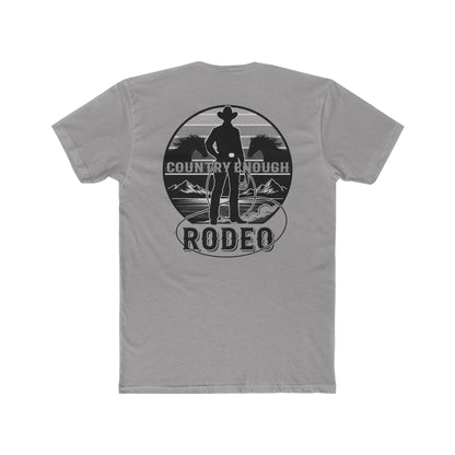 Gray t-shirt with words country enough and rodeo, a cowboy silhouette, horses, lasso and mountains #gray