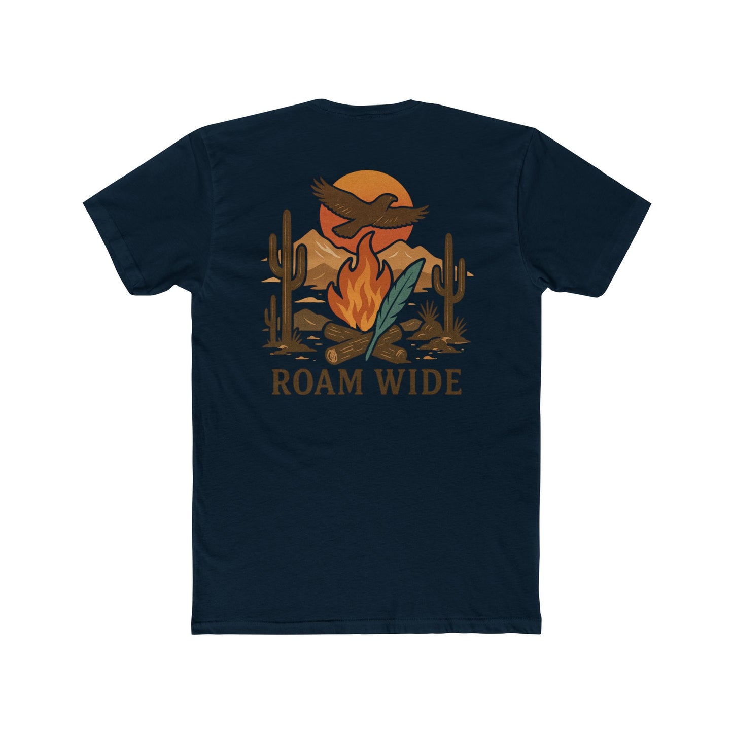 Midnight Navy t-shirt with graphic of a campfire, bird, sun, cacti, and mountains in the desert with the words roam wide #midnightnavy