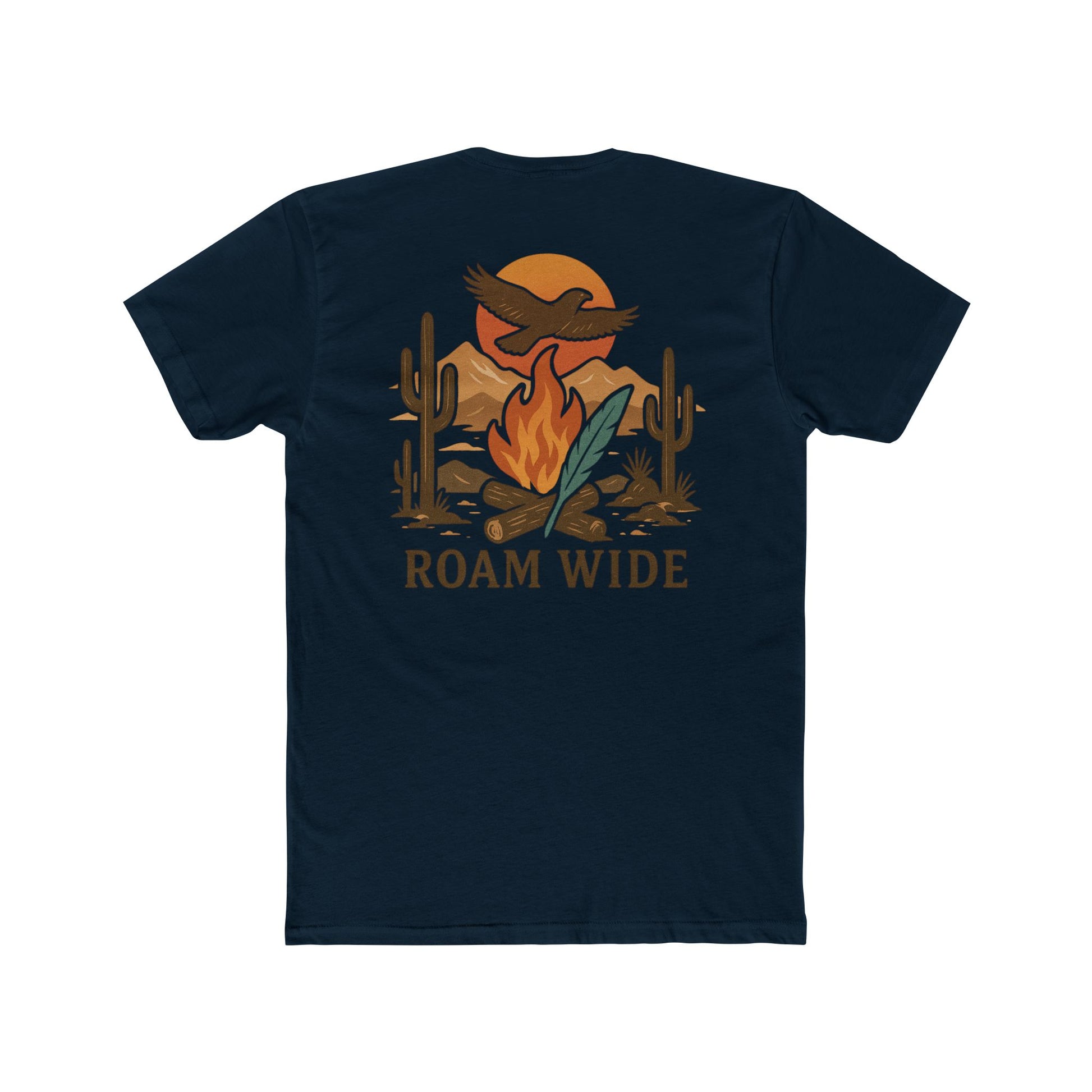 Midnight Navy t-shirt with graphic of a campfire, bird, sun, cacti, and mountains in the desert with the words roam wide #midnightnavy