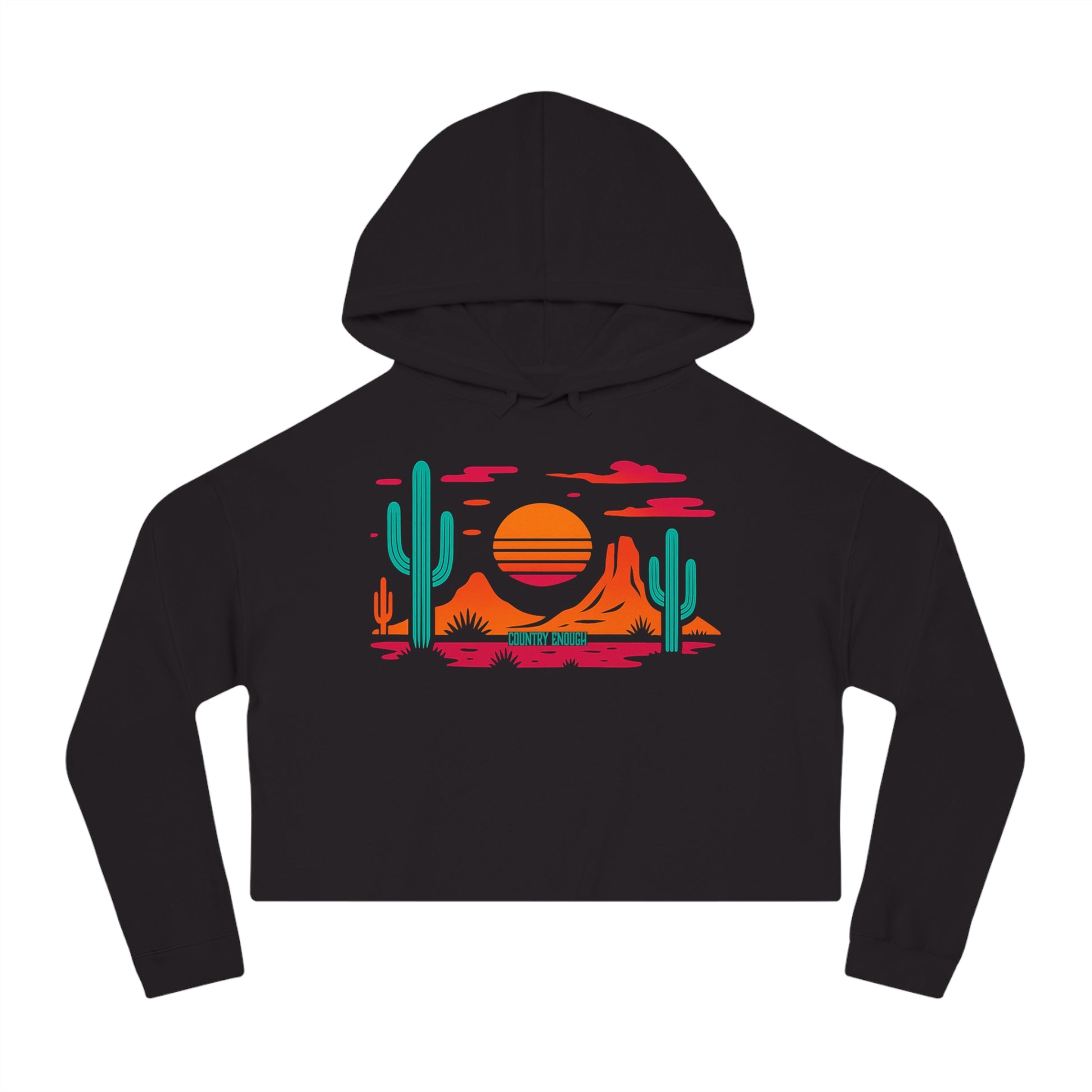 Black hoodie with a vibrant Southwestern landscape, cacti & mountains graphic #black