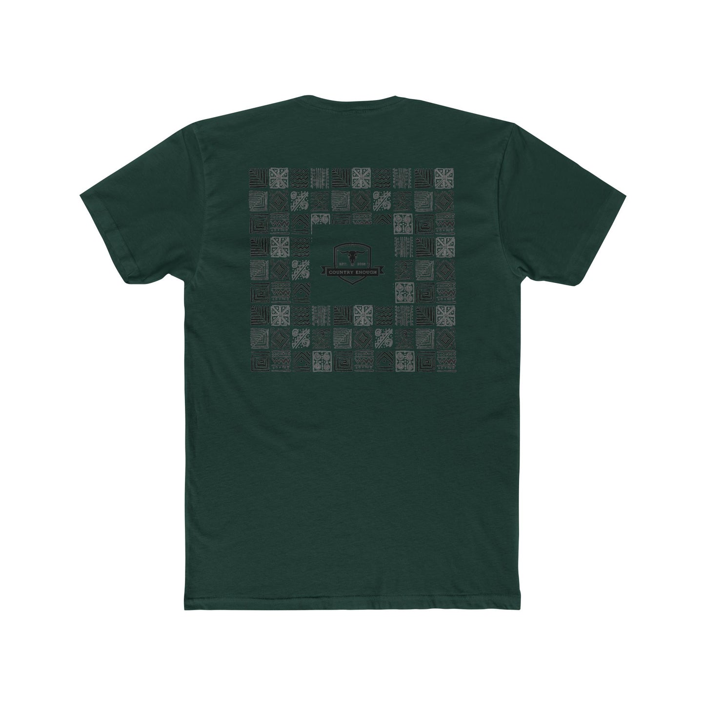 Forest Green t-shirt with graphic of aztec patterns arranged in a square with country enough logo in the center #forestgreen