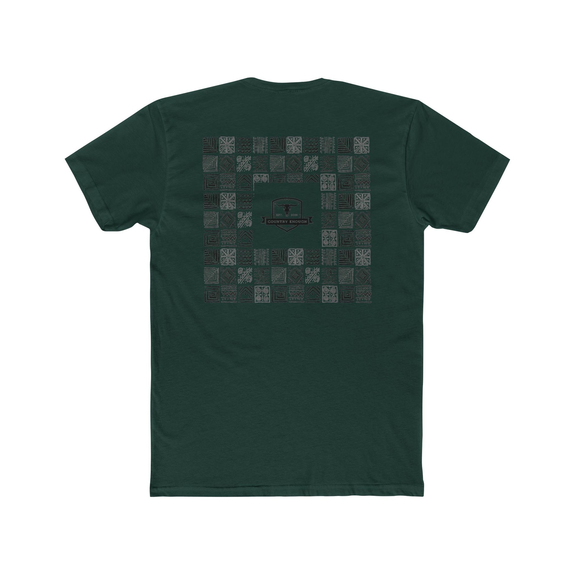 Forest Green t-shirt with graphic of aztec patterns arranged in a square with country enough logo in the center #forestgreen