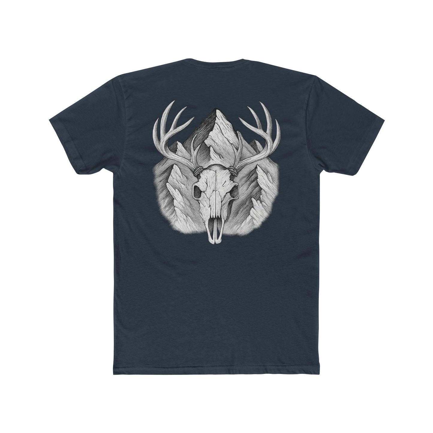Indigo t-shirt with graphic of buck skull in front of mountains #indigo