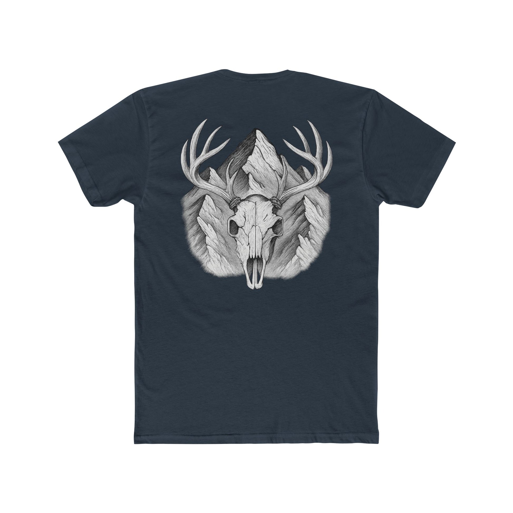 Indigo t-shirt with graphic of buck skull in front of mountains #indigo