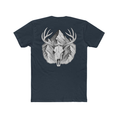 Indigo t-shirt with graphic of buck skull in front of mountains #indigo
