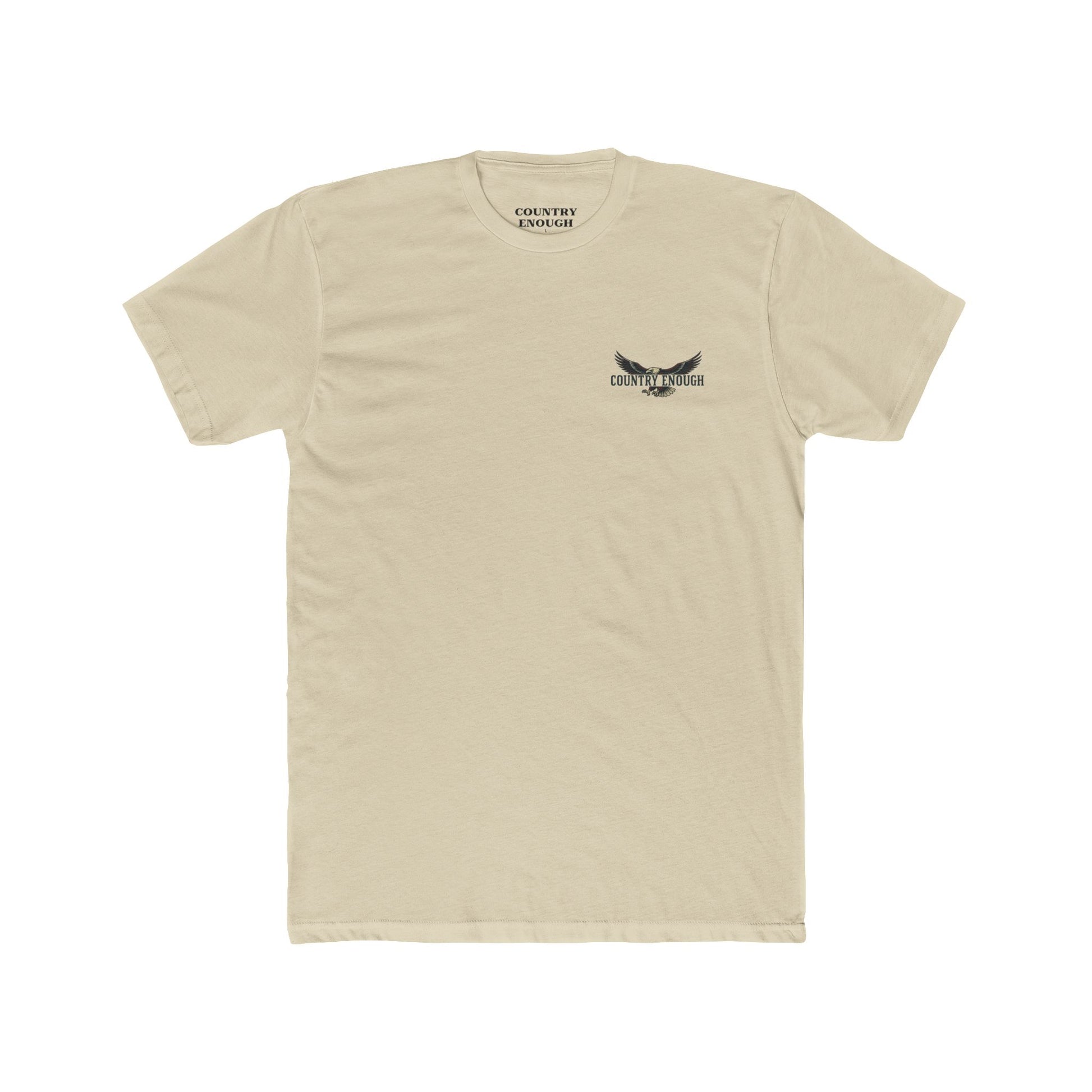Cream t-shirt featuring graphic of an eagle, mountains, and the words American Frontier Est 1776 #cream