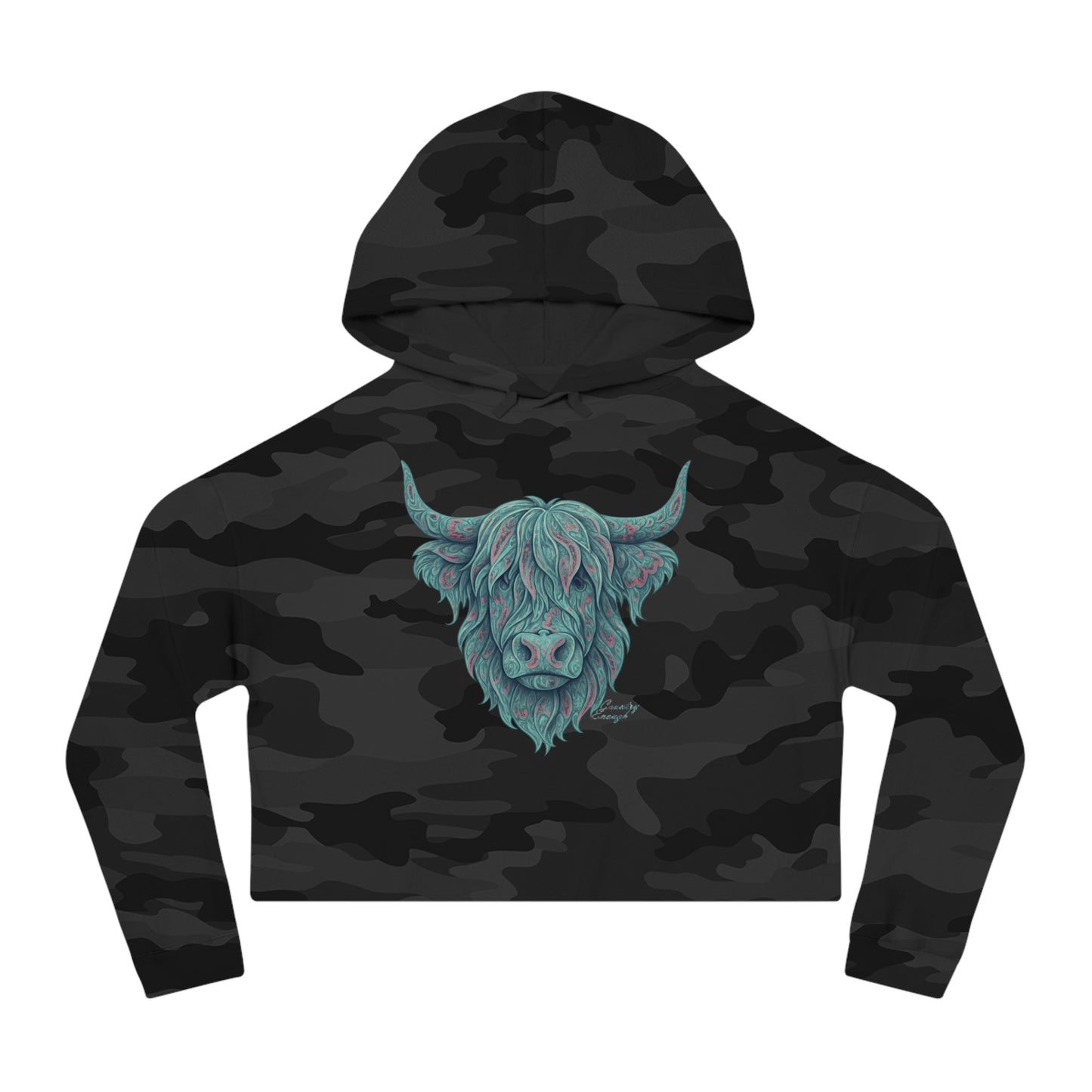 Black camo crop hoodie with a vibrant Paisley Highland Cow graphic #blackcamo