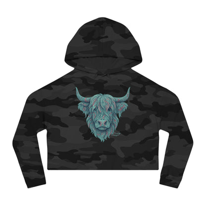 Black camo crop hoodie with a vibrant Paisley Highland Cow graphic #blackcamo