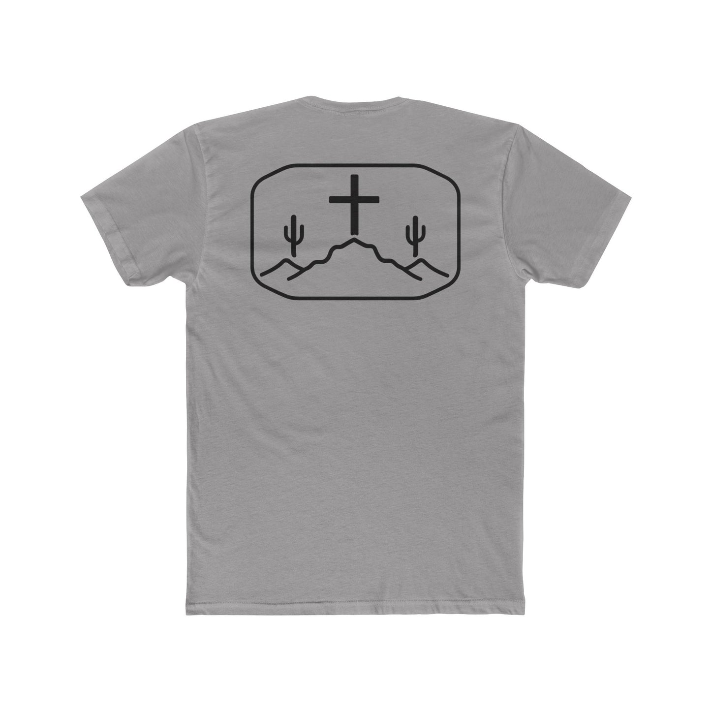 Gray t-shirt with cross, cacti, and mountains graphic #gray