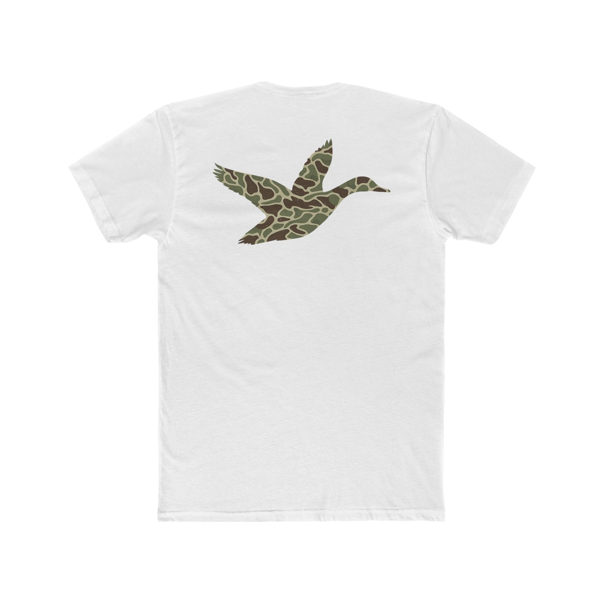 White t-shirt with a camouflage duck design on the back #white