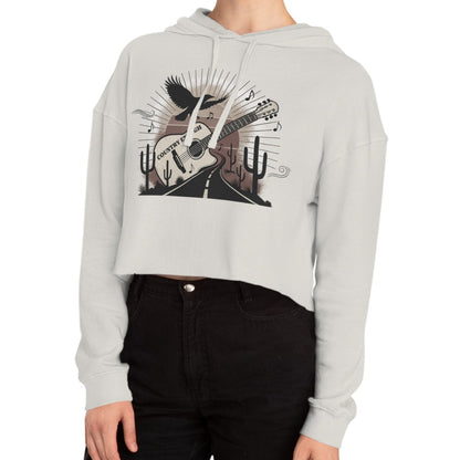 Bone crop hoodie with a graphic of a guitar, a soaring desert bird, cactus silhouettes, and a sunset over a winding road #bone