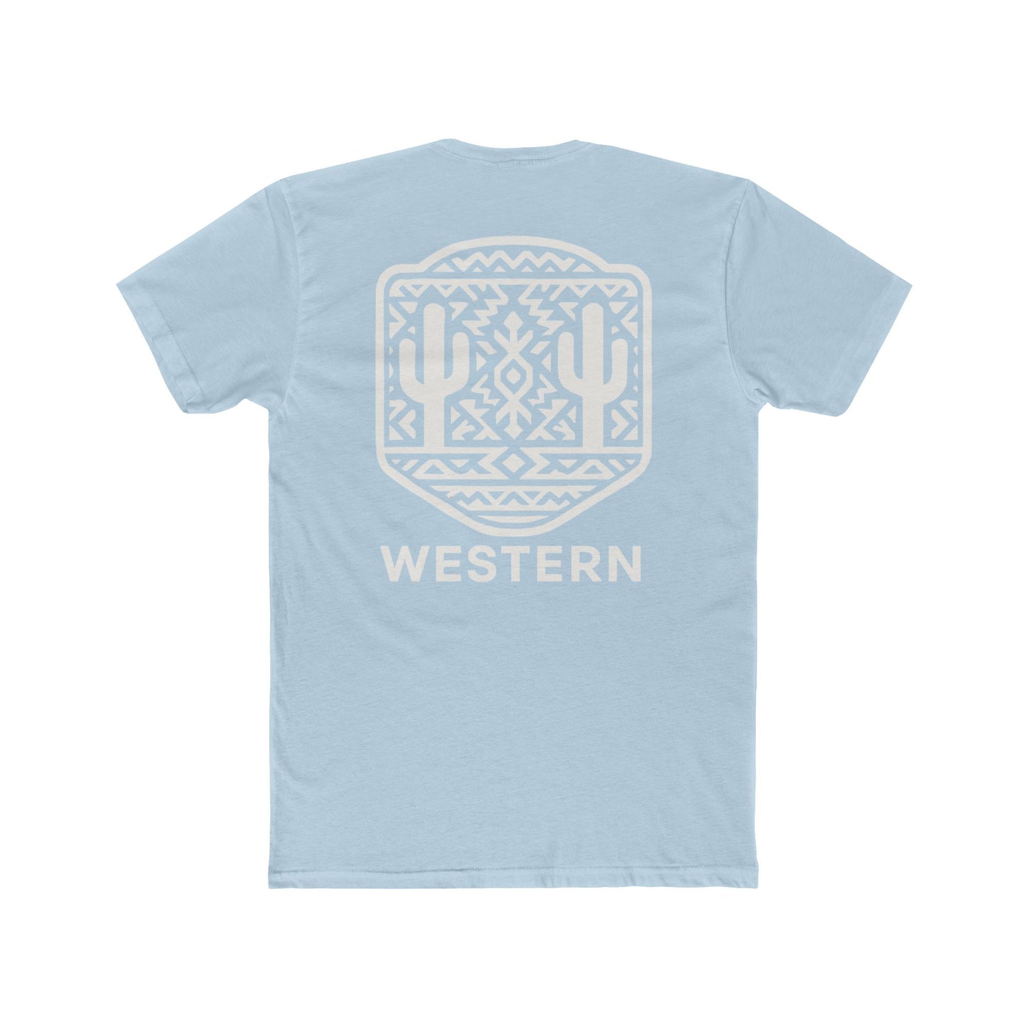 Light Blue t-shirt with aztec pattern and cacti inside a geometric border with word western across the bottom #lightblue