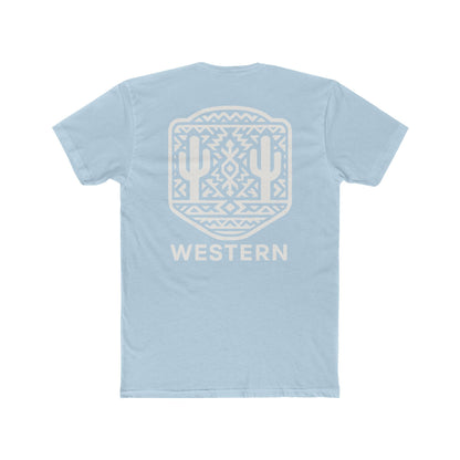 Light Blue t-shirt with aztec pattern and cacti inside a geometric border with word western across the bottom #lightblue