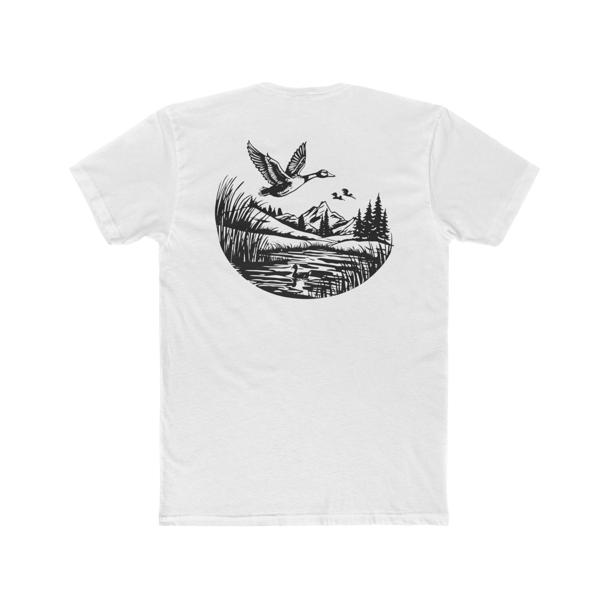 White t-shirt with graphic of a duck, mountains, pine trees, and a lake #white