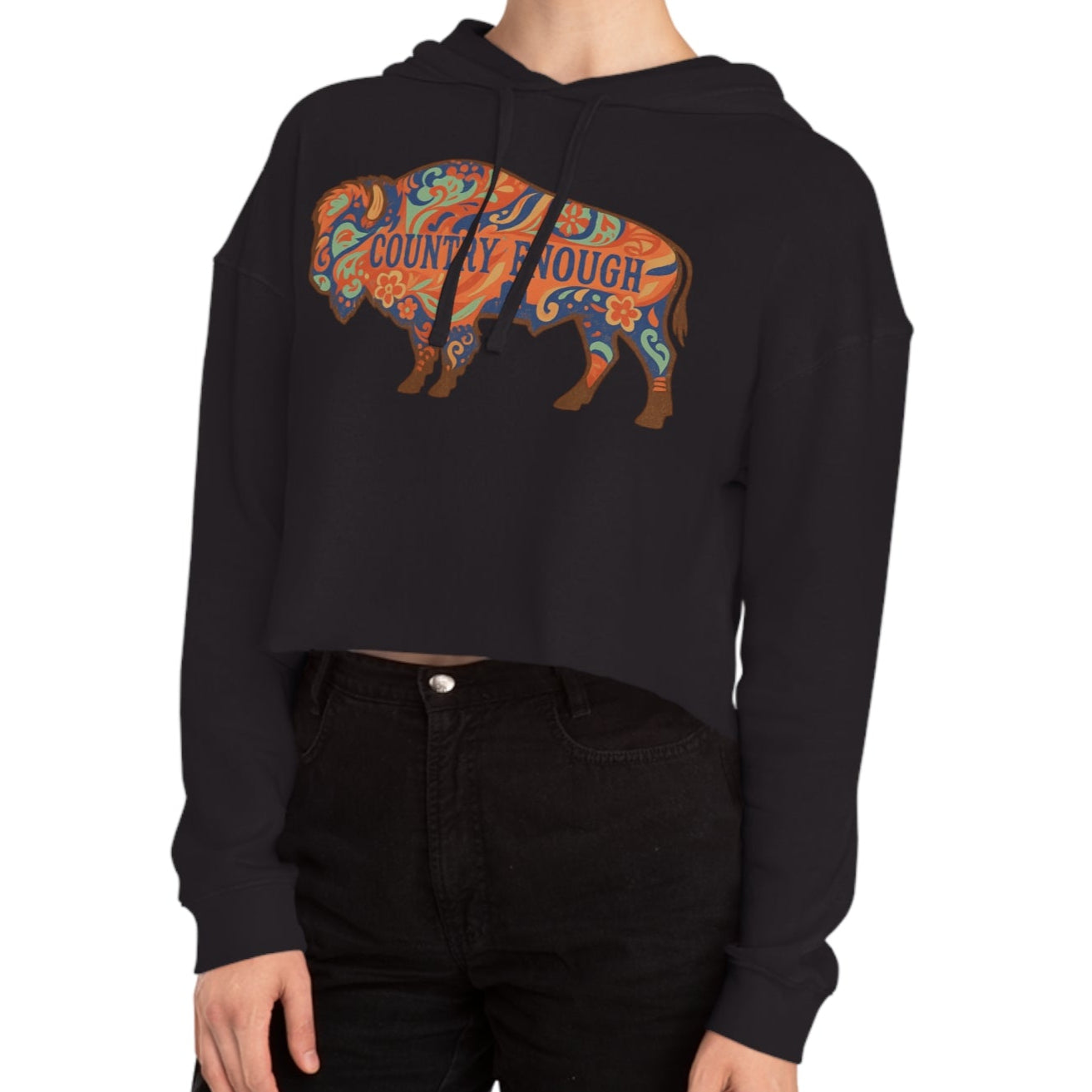 Black crop hoodie with floral bison graphic and country enough text #black