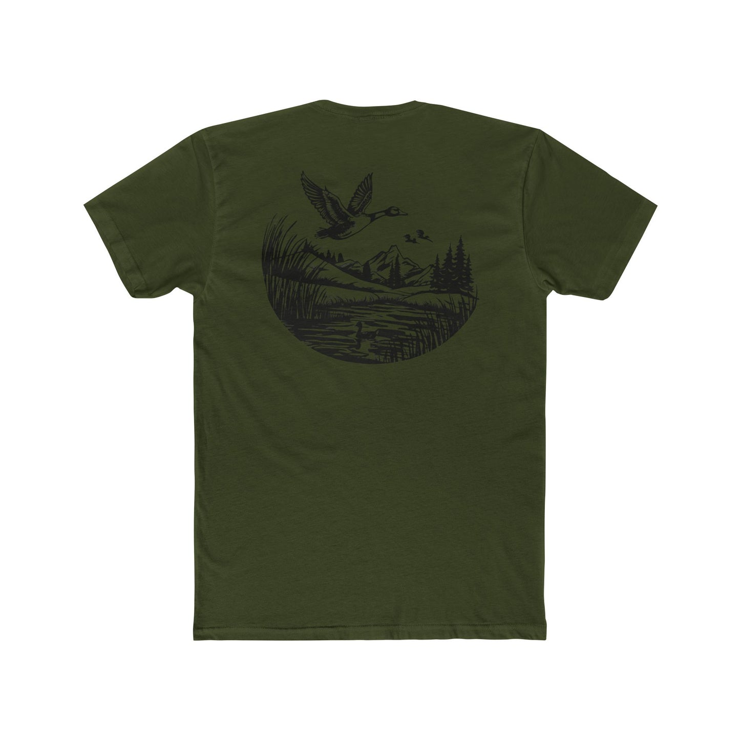 Military Green t-shirt with graphic of a duck, mountains, pine trees, and a lake #militarygreen
