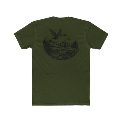 Military Green t-shirt with graphic of a duck, mountains, pine trees, and a lake #militarygreen