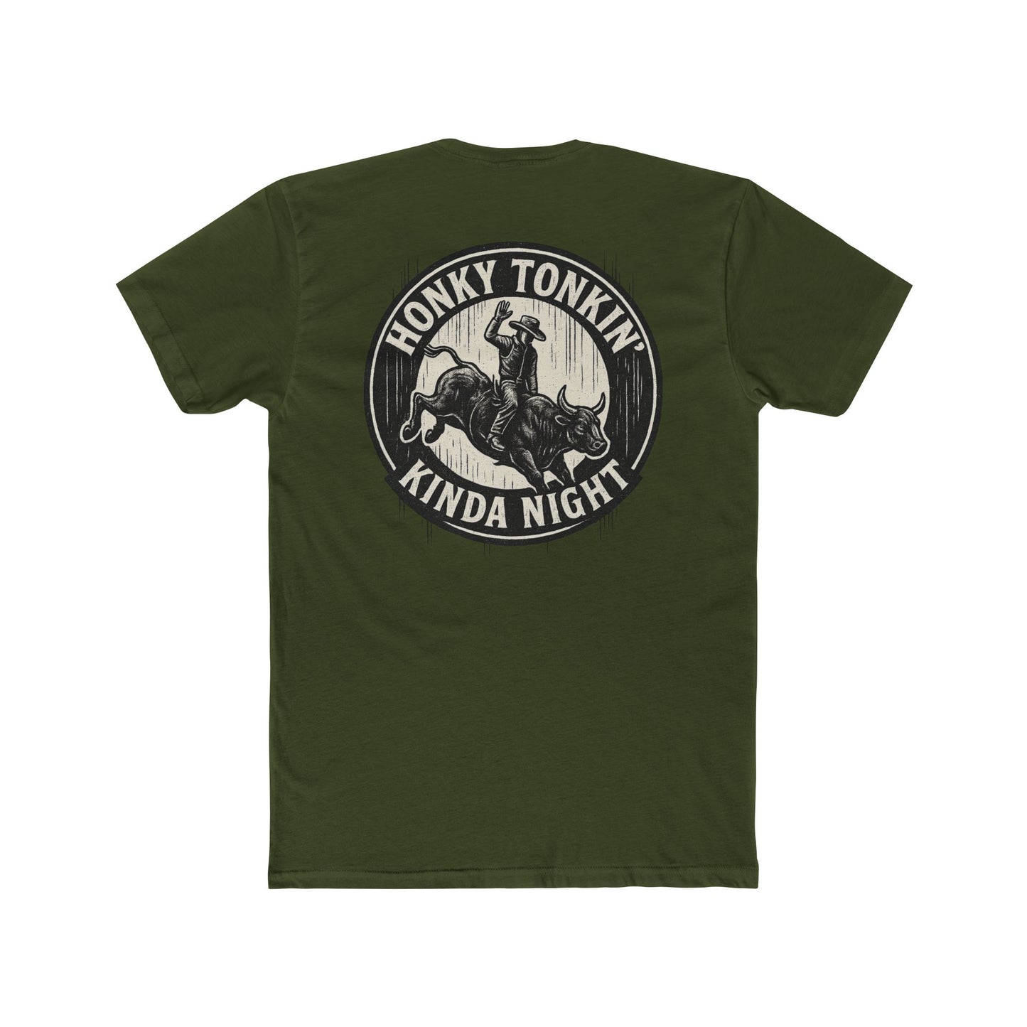 Military Green t-shirt with circular graphic of a bucking bull with rider and the phrase honky tonkin' kind night #militarygreen
