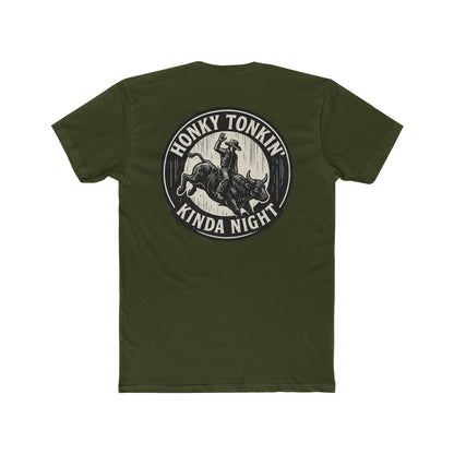 Military Green t-shirt with circular graphic of a bucking bull with rider and the phrase honky tonkin' kind night #militarygreen