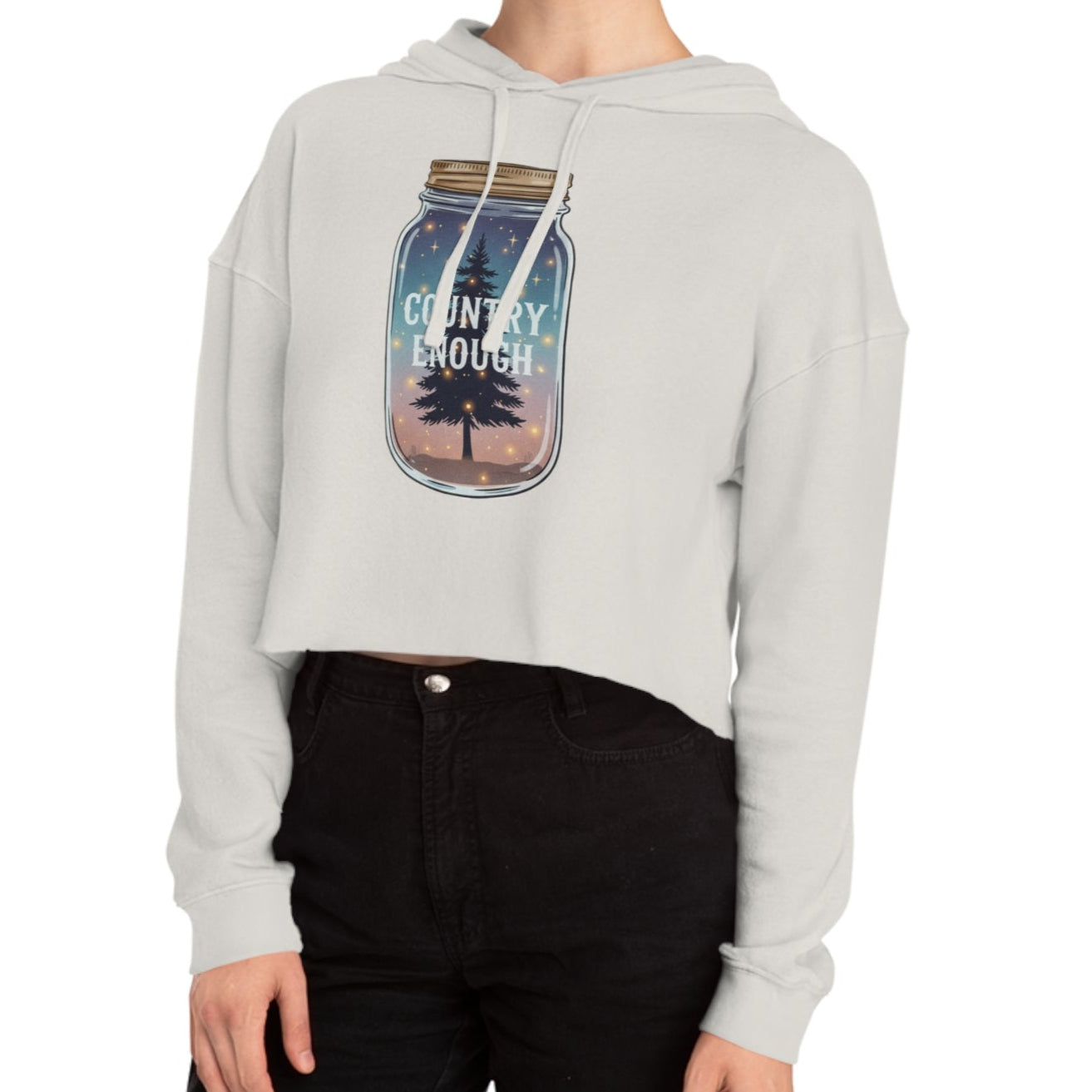 Bone crop hoodie with mason jar, pine trees, and stars graphic #bone