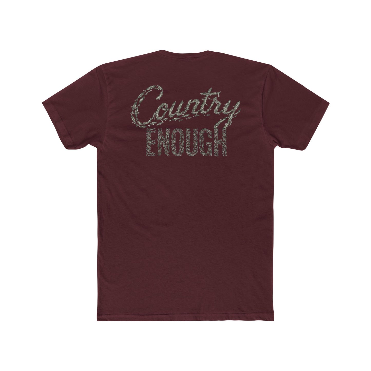 Maroon t-shirt with graphic of the words country enough shaped with fish #maroon