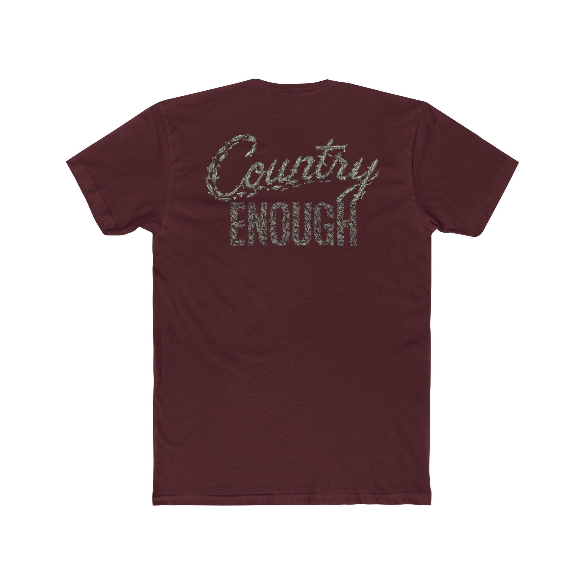 Maroon t-shirt with graphic of the words country enough shaped with fish #maroon