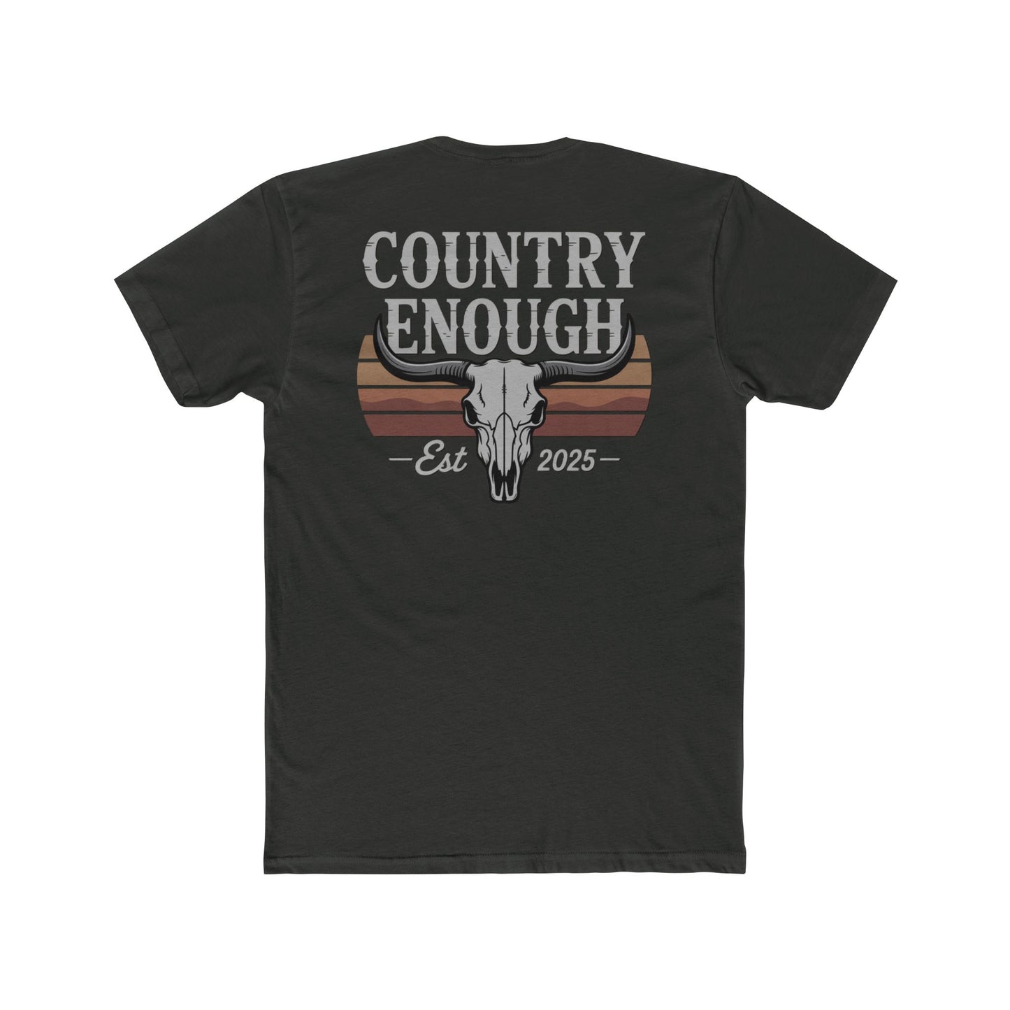 Vintage Black t-shirt with vintage retro graphic of a bull skull and words country enough EST 2025 #vintageblack