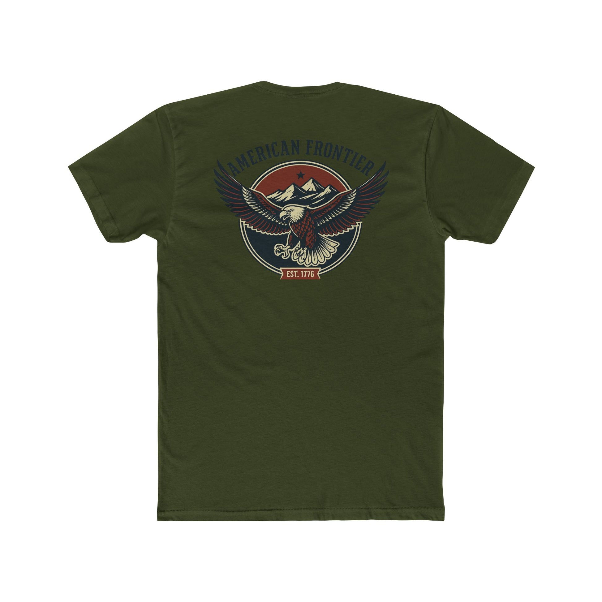 Military Green t-shirt featuring graphic of an eagle, mountains, and the words American Frontier Est 1776 #militarygreen