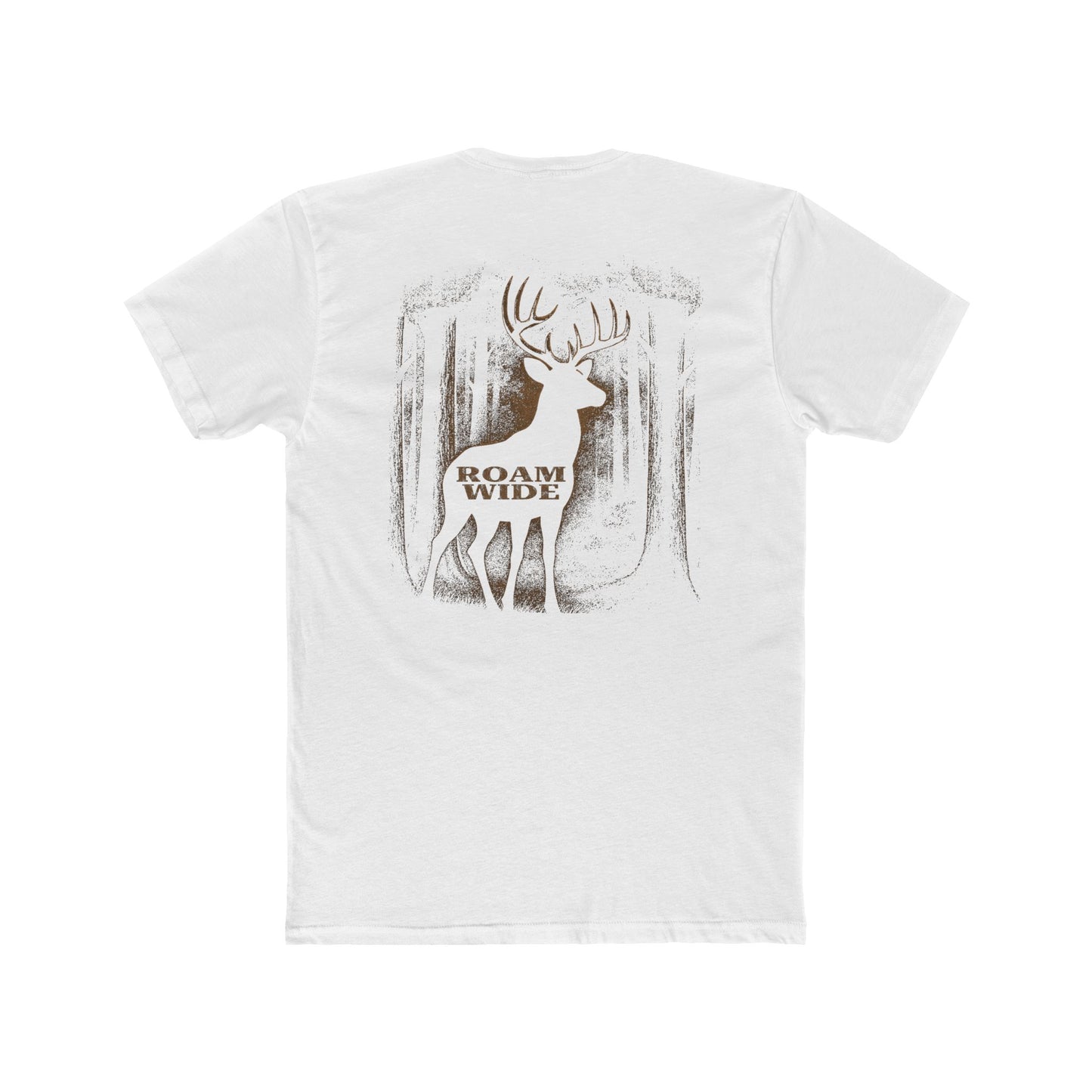 White t-shirt with graphic design of a buck in the woods and words roam wide #white