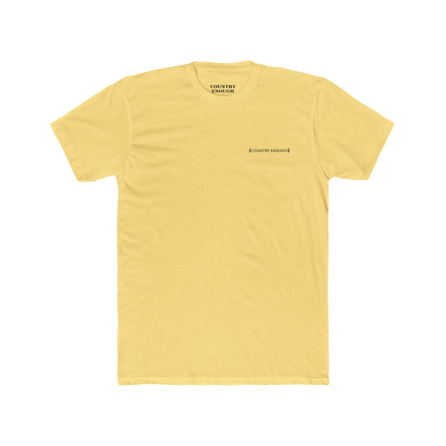 Yellow t-shirt with graphic of a line mountain drawing, cacti and the words Country Enough #yellow