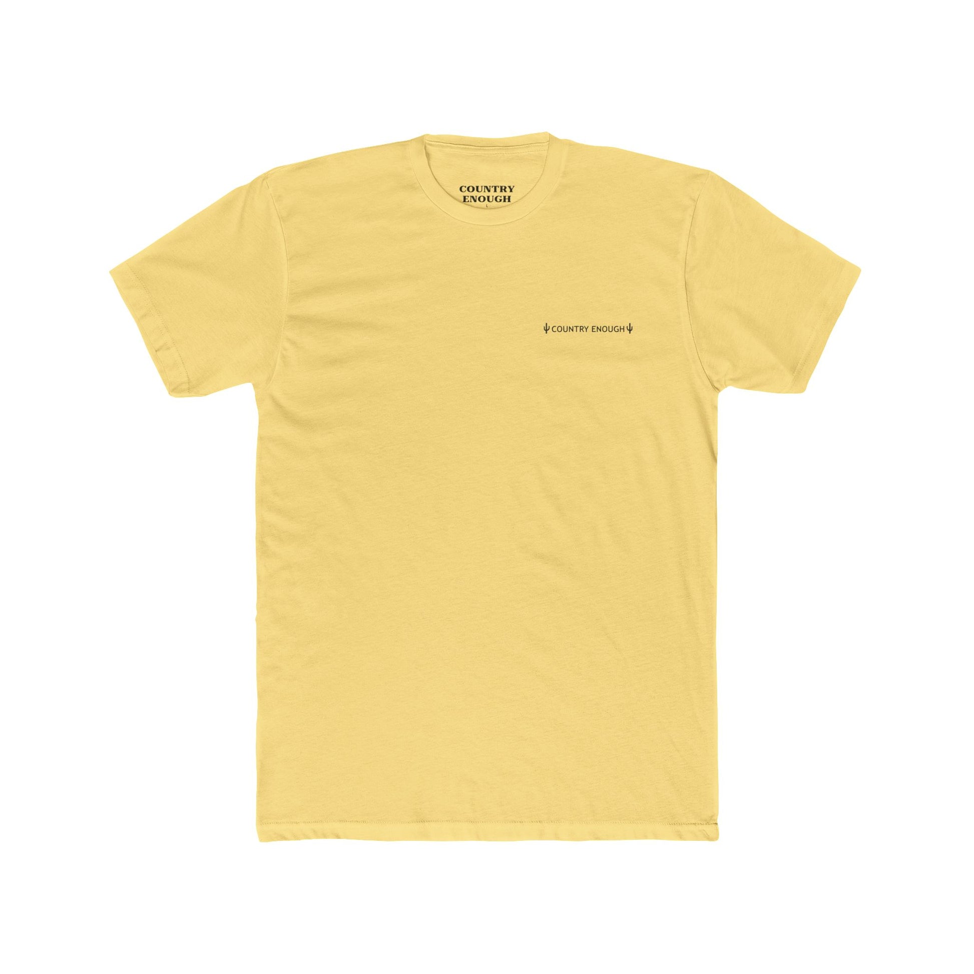 Yellow t-shirt with graphic of a line mountain drawing, cacti and the words Country Enough #yellow