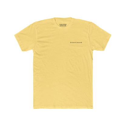 Yellow t-shirt with graphic of a line mountain drawing, cacti and the words Country Enough #yellow