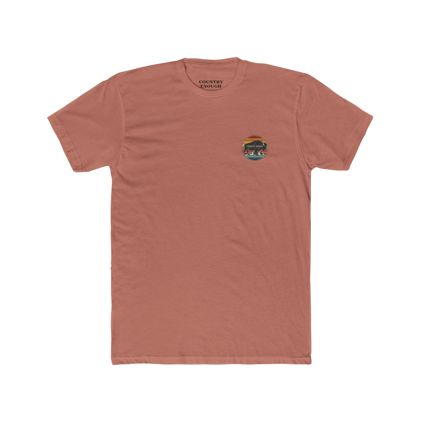 Desert Pink t-shirt with a bison, sunset and mountain landscape graphic #desertpink